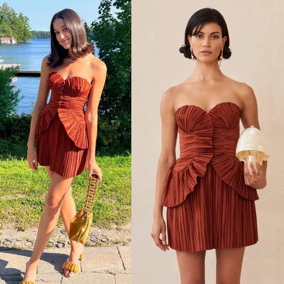 Cult Gaia Charlique Pleated Plisse Satin Strapless Mini Dress Copper - Picture 13 of 13